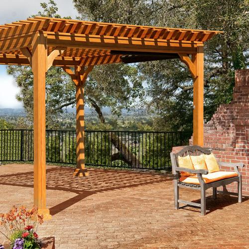Bedford style wood pergola with Redwood Stain and optional Easy Roll Solar Shades